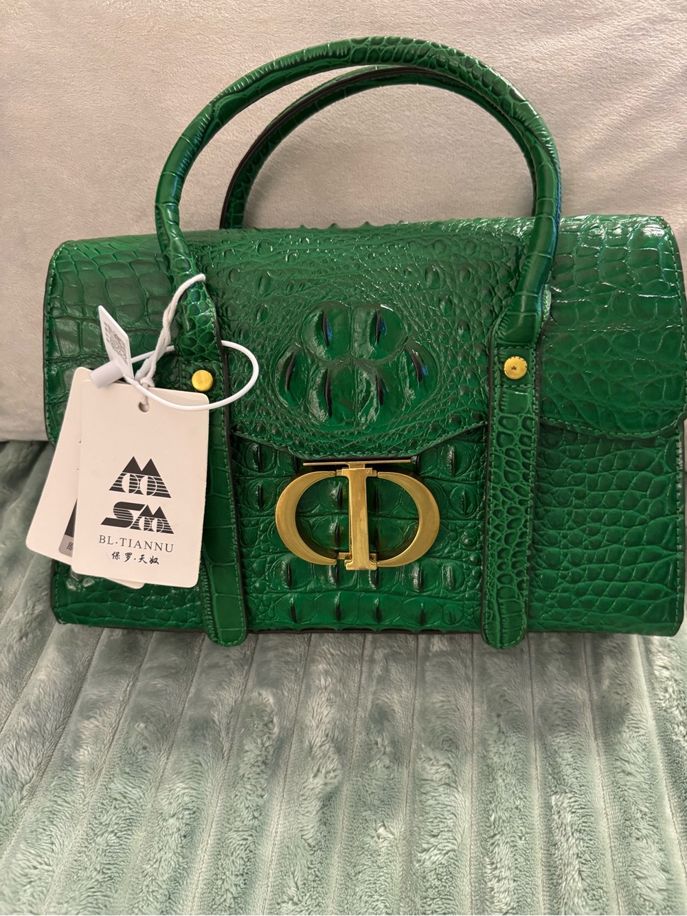 Emerald Croc-Embossed Structured Satchel with Gold Hardware